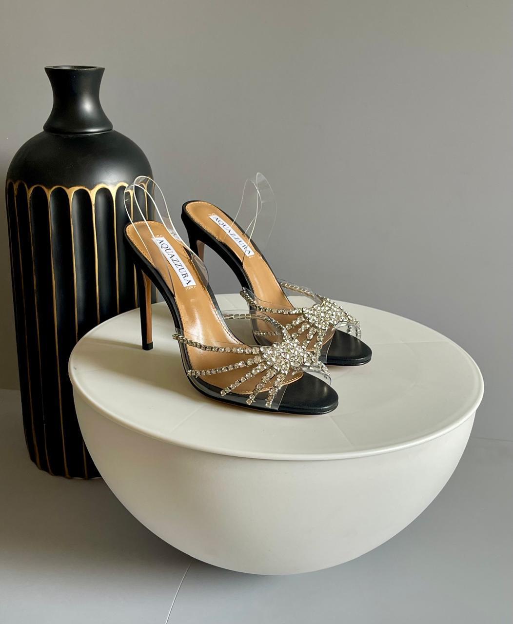 crystal-embellished lattice mules